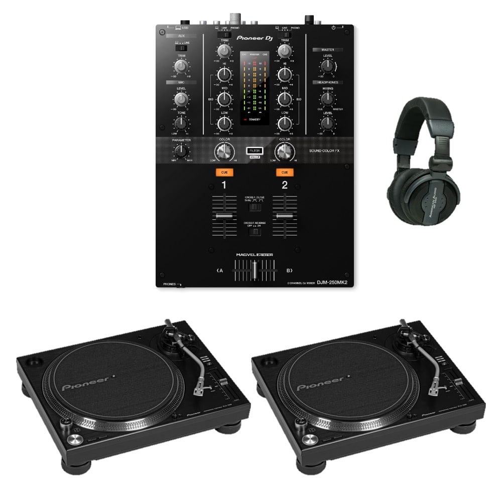 Pioneer DJ DJM-250MK2 2-CH DJ mixer + Pair of PLX1000 Turntables +
