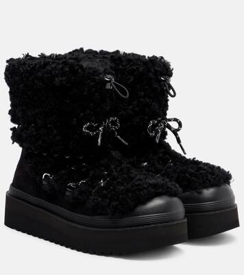 Mellow shearling and suede lace-up boots in black - Tory Burch
