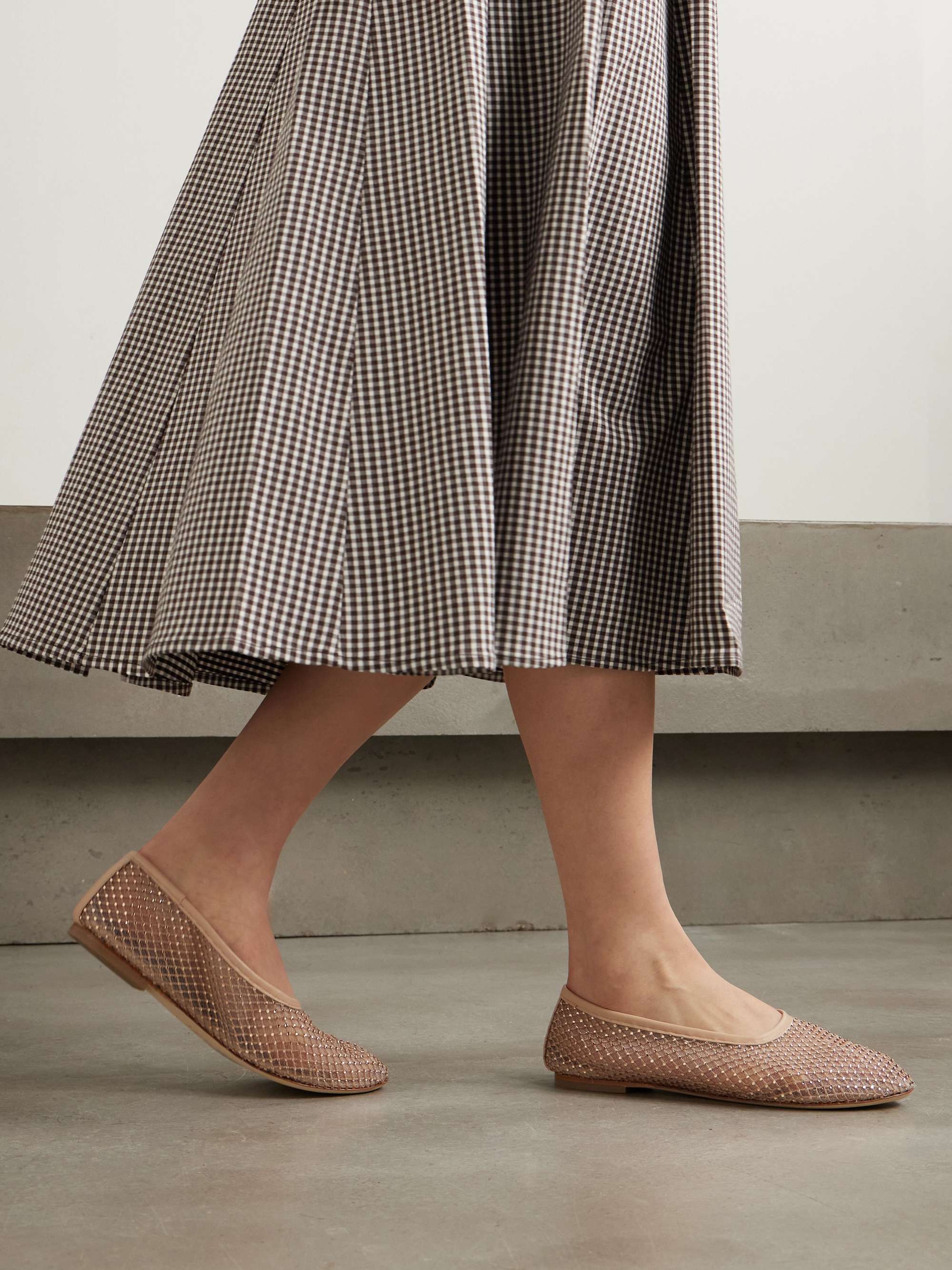 STAUD Alba leather-trimmed crystal-embellished mesh ballet flats