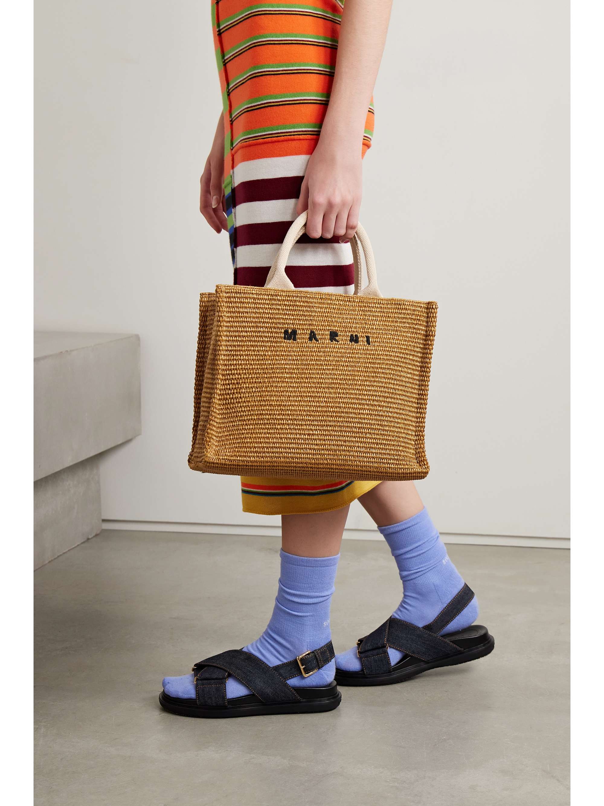 MARNI Basket small canvas-trimmed embroidered faux raffia tote