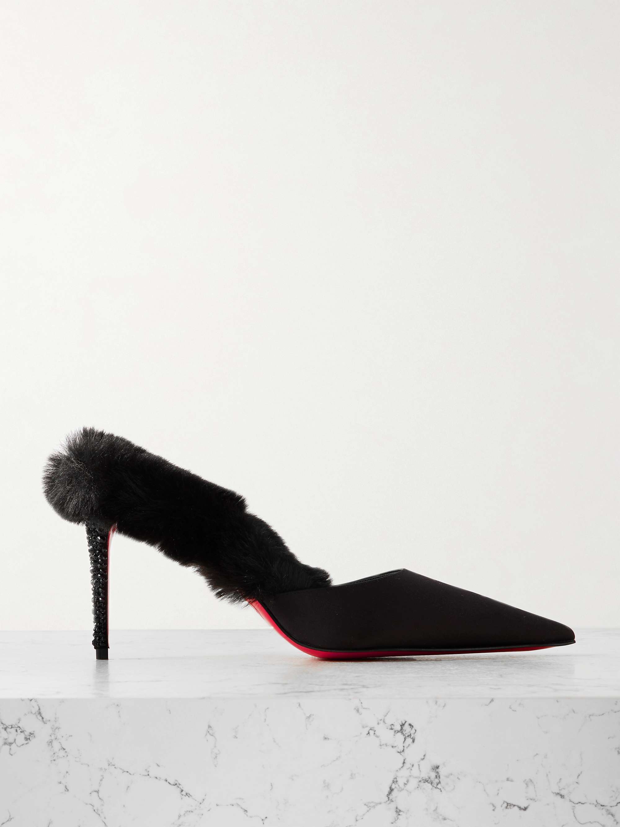 CHRISTIAN LOUBOUTIN Plush-trimmed satin mules | NET-A-PORTER