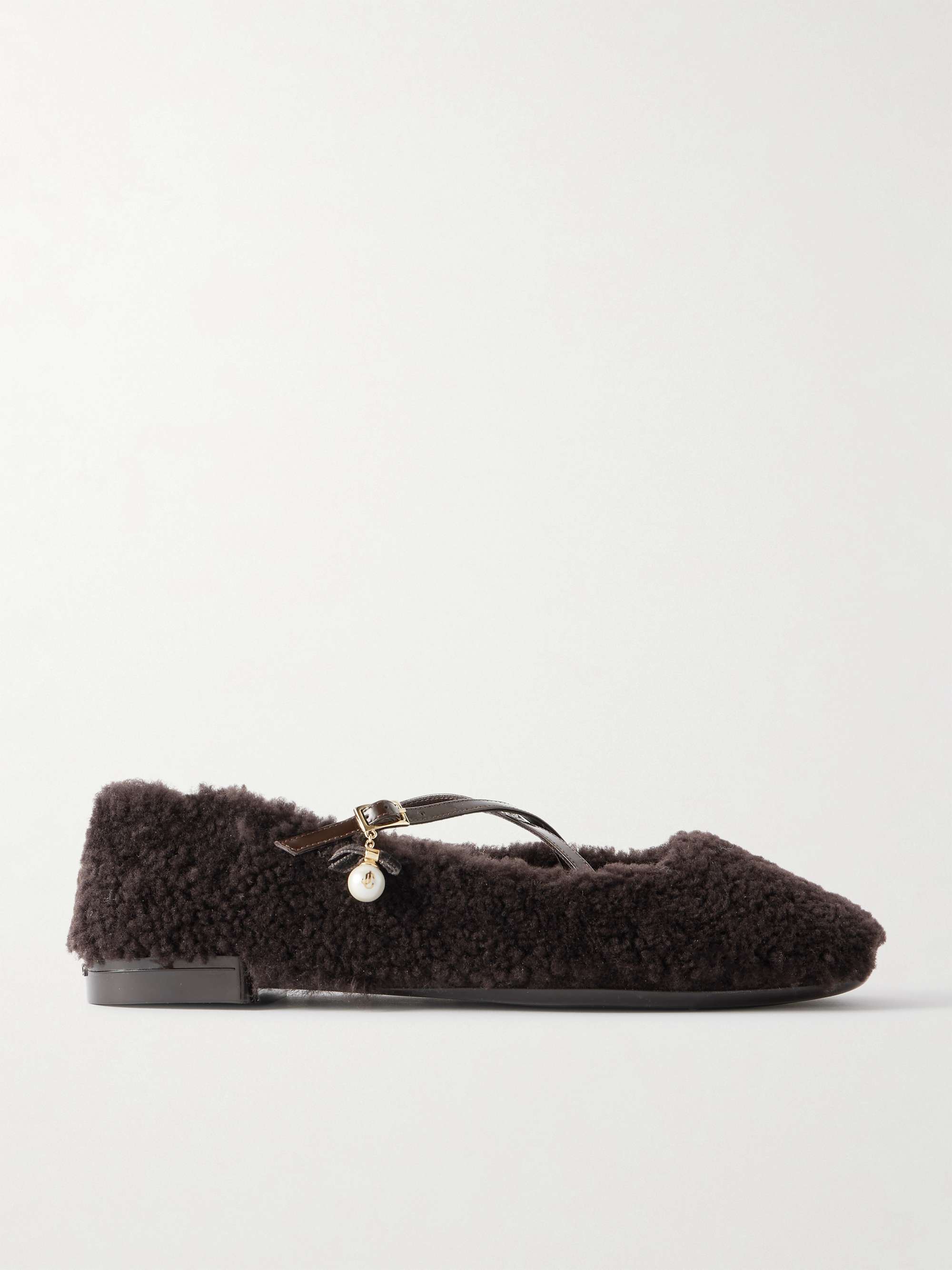 JIMMY CHOO Eleri embellished patent leather-trimmed shearling