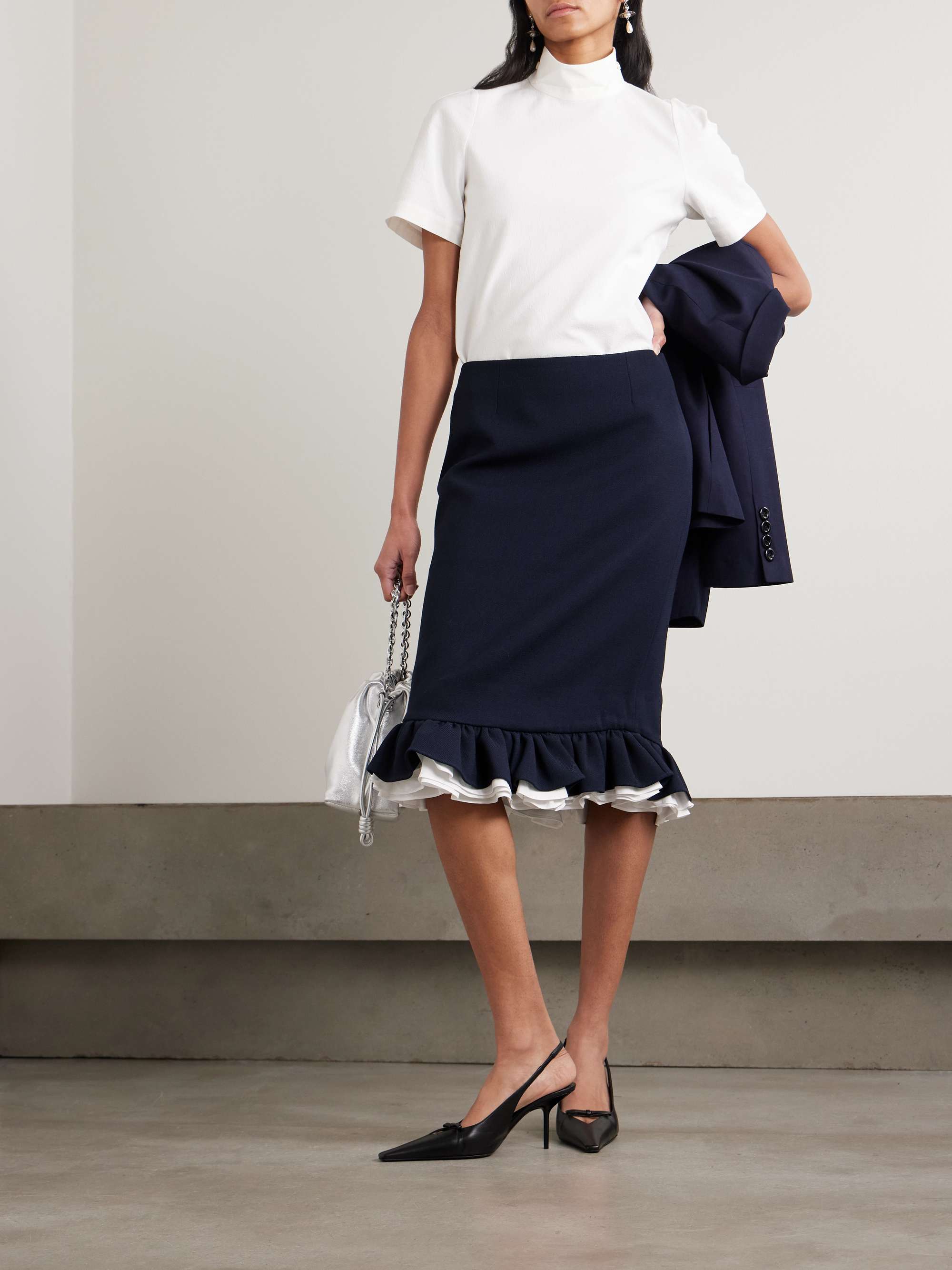SHUSHU/TONG Ruffled layered wool-twill midi skirt | NET-A-PORTER