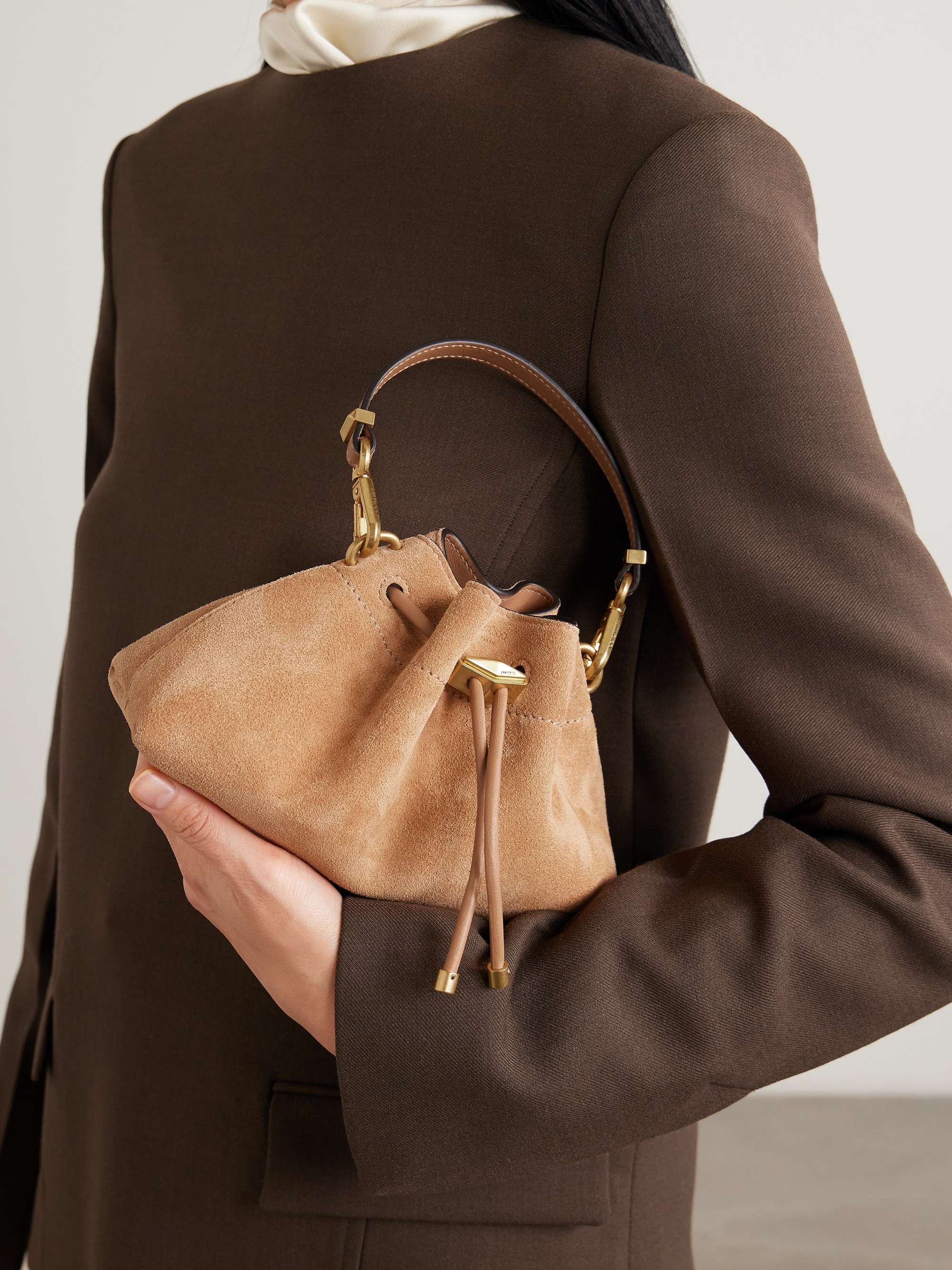 JIMMY CHOO Cinch small leather-trimmed suede shoulder bag | NET-A