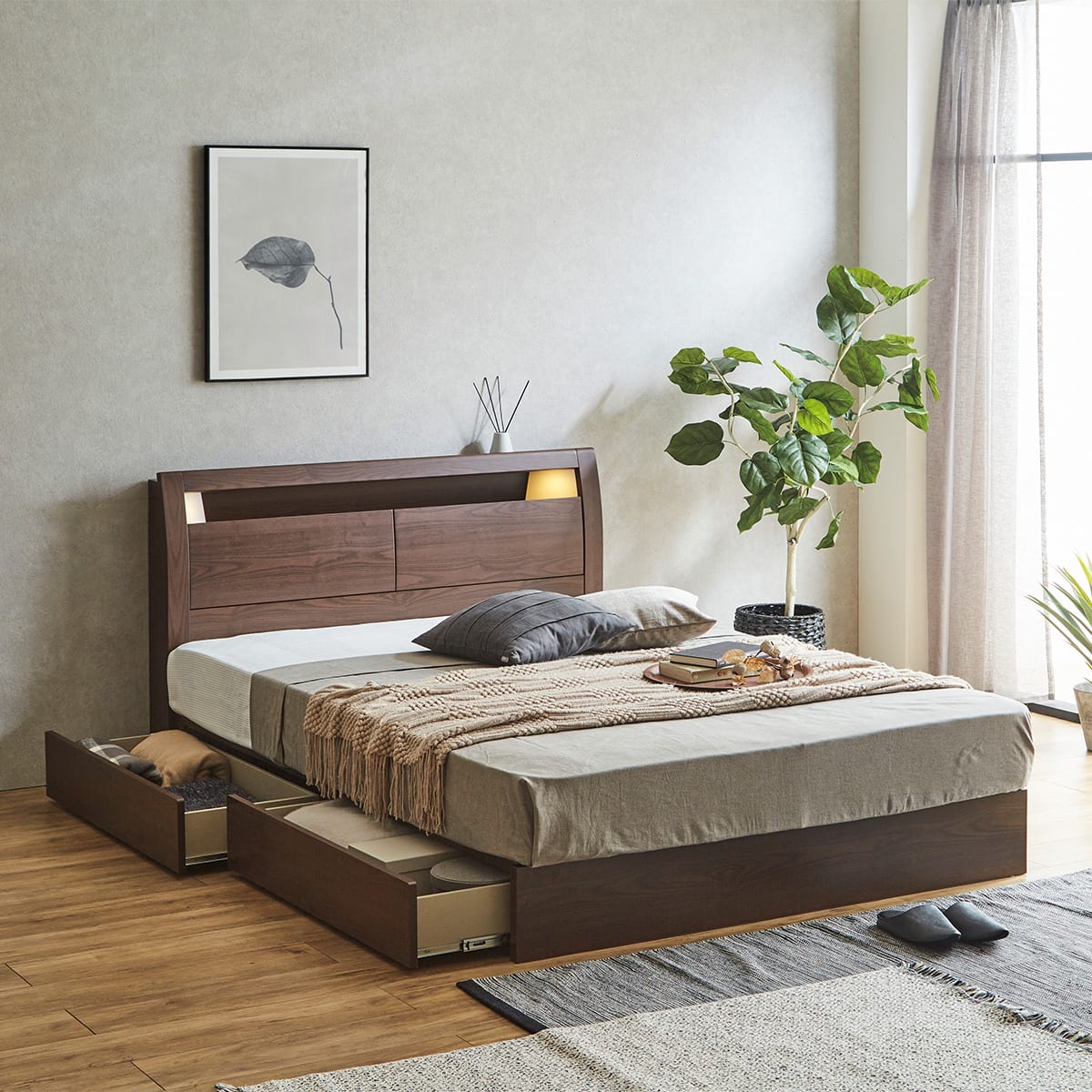 棚・コンセント・照明付きダブルベッドフレーム(KB MBR 引出付き