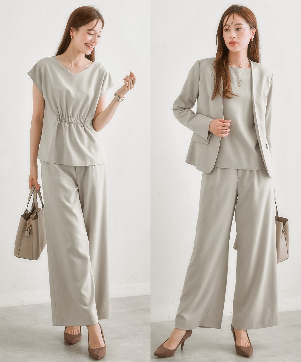 レディーススーツ】ドビー素材セットアップセミワイドパンツスーツ3点
