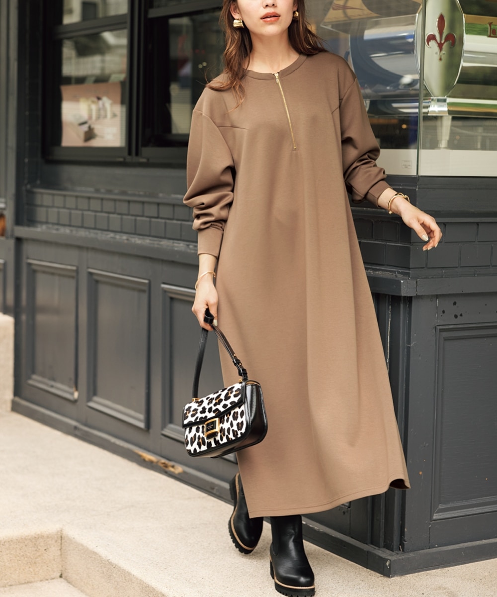 大きいサイズ ダンボールニットハーフジップワンピース 通販【ニッセン】