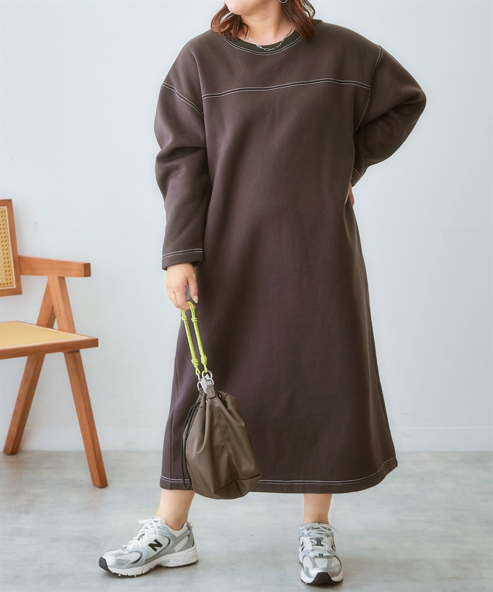大きいサイズ 配色ステッチ裏起毛ワンピース 通販【ニッセン】