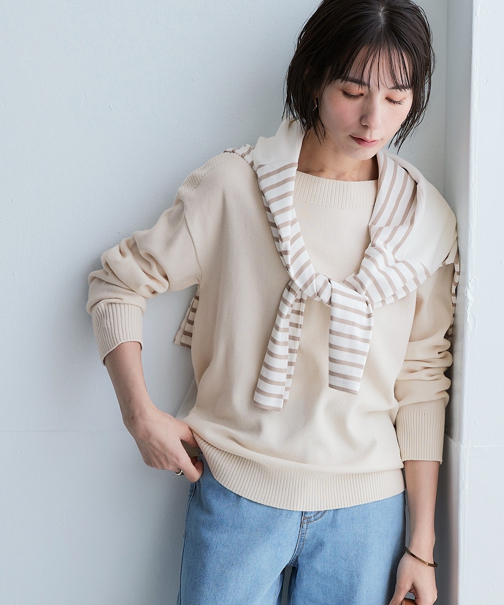 花粉がつきにくい】編地切替ボートネックニット＜大きいサイズ有