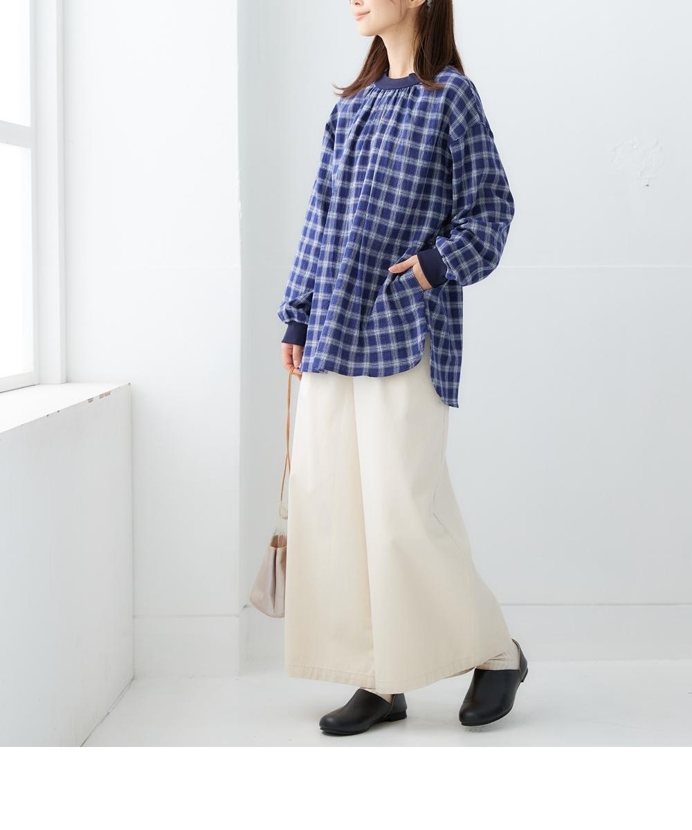 袖口リブ付先染めチェック柄チュニックブラウス（サイドポケット付