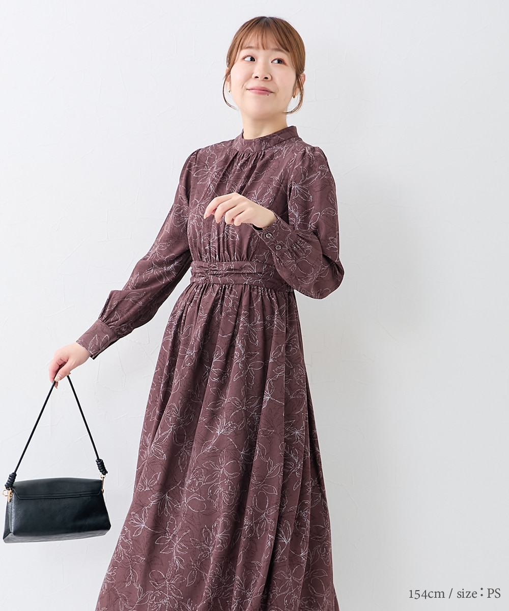 小さいサイズ スタンドネックウエストマークワンピース 低身長さん