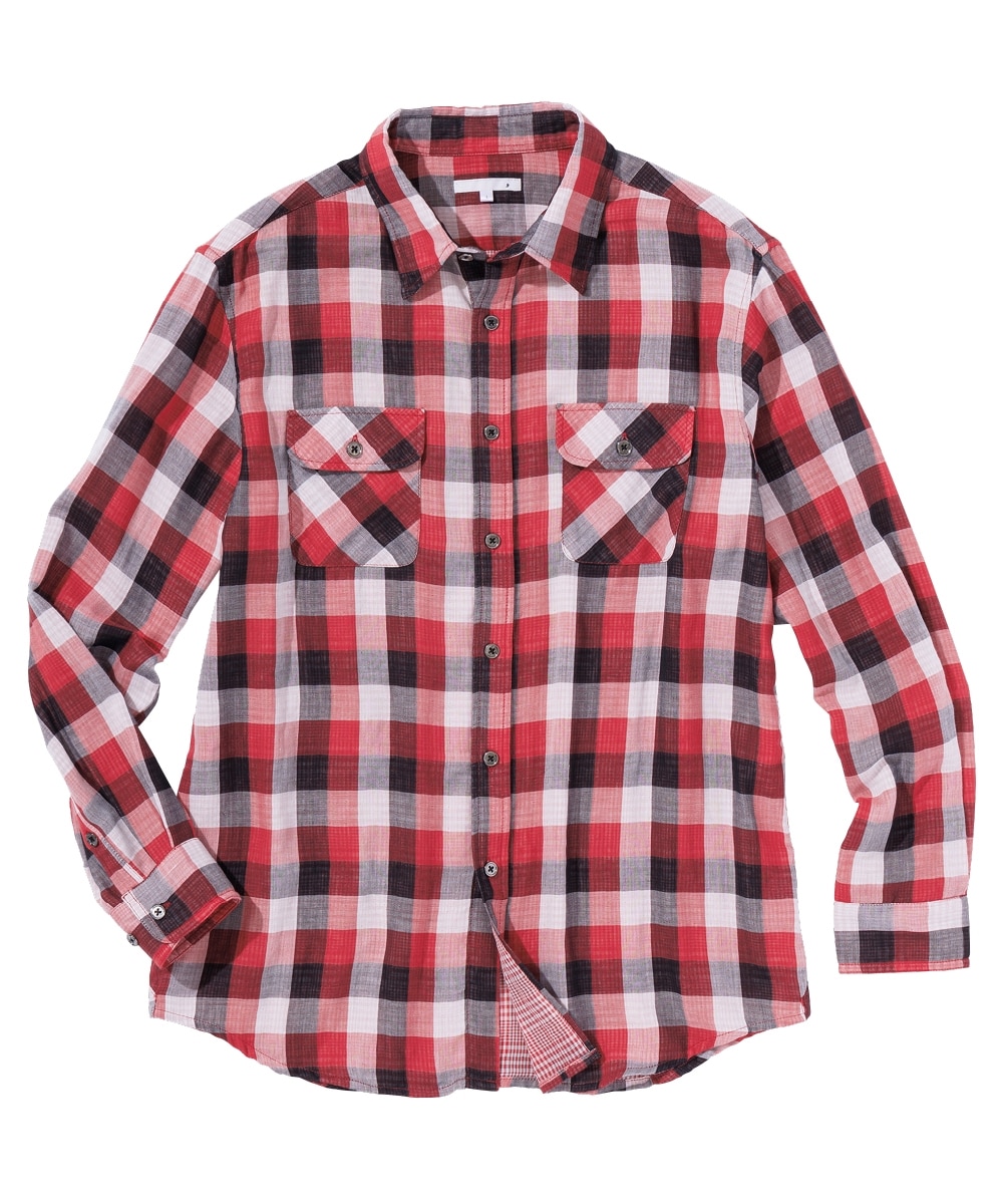 綿100％ダブルガーゼ長袖先染チェックシャツ（お腹ゆったり） 通販