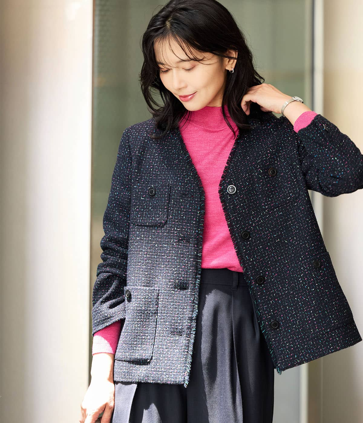 ネオンカラーミックスツィード ノーカラージャケット(51116261-2025