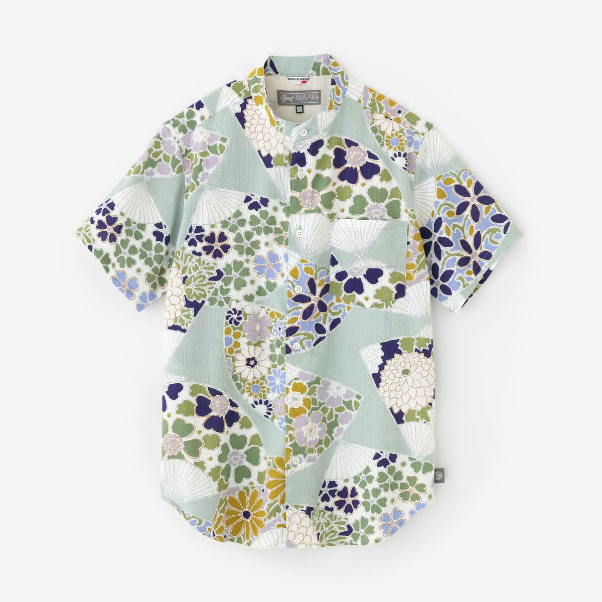 net限定】高島縮 20/20 スタンドカラー半袖シャツ／扇（おうぎ） 千草