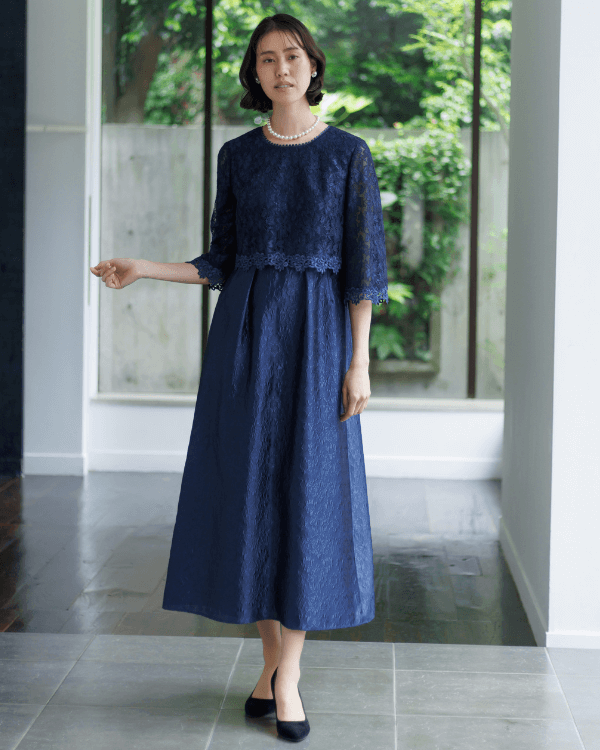 ネイビー 7号】レース×フクレジャカード お袖付き ロングドレス