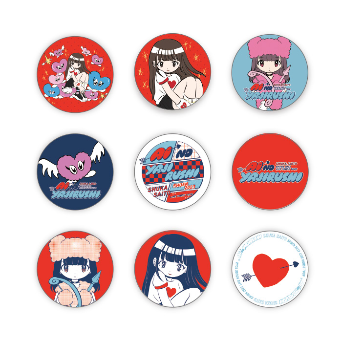 愛のやじるし｣缶ﾊﾞｯｼﾞ(9種類ﾗﾝﾀﾞﾑ)～じゃらじゃらつけたらかわいいよね