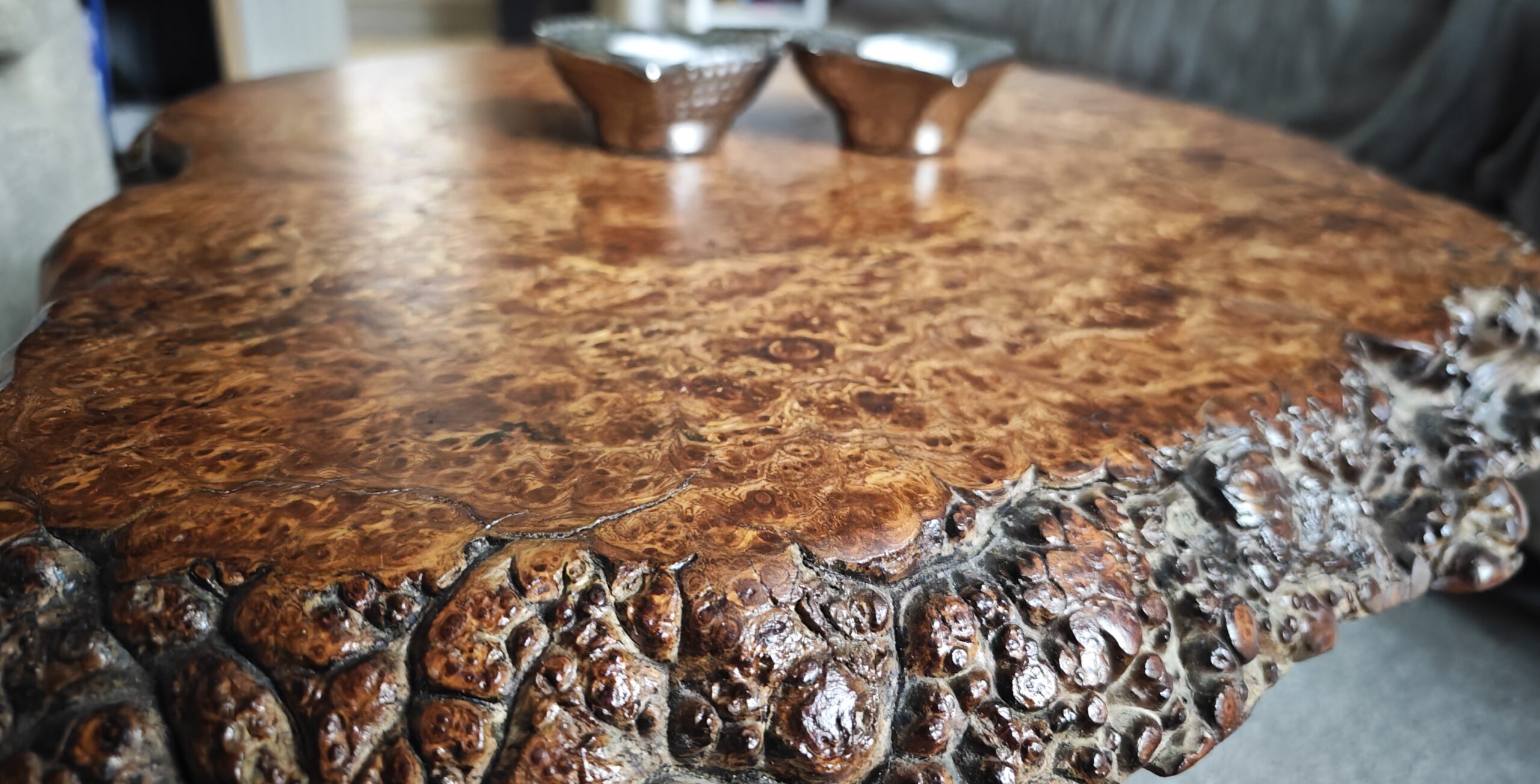 English Elm End Table | Live Edge Cookie | Black Resin Infused