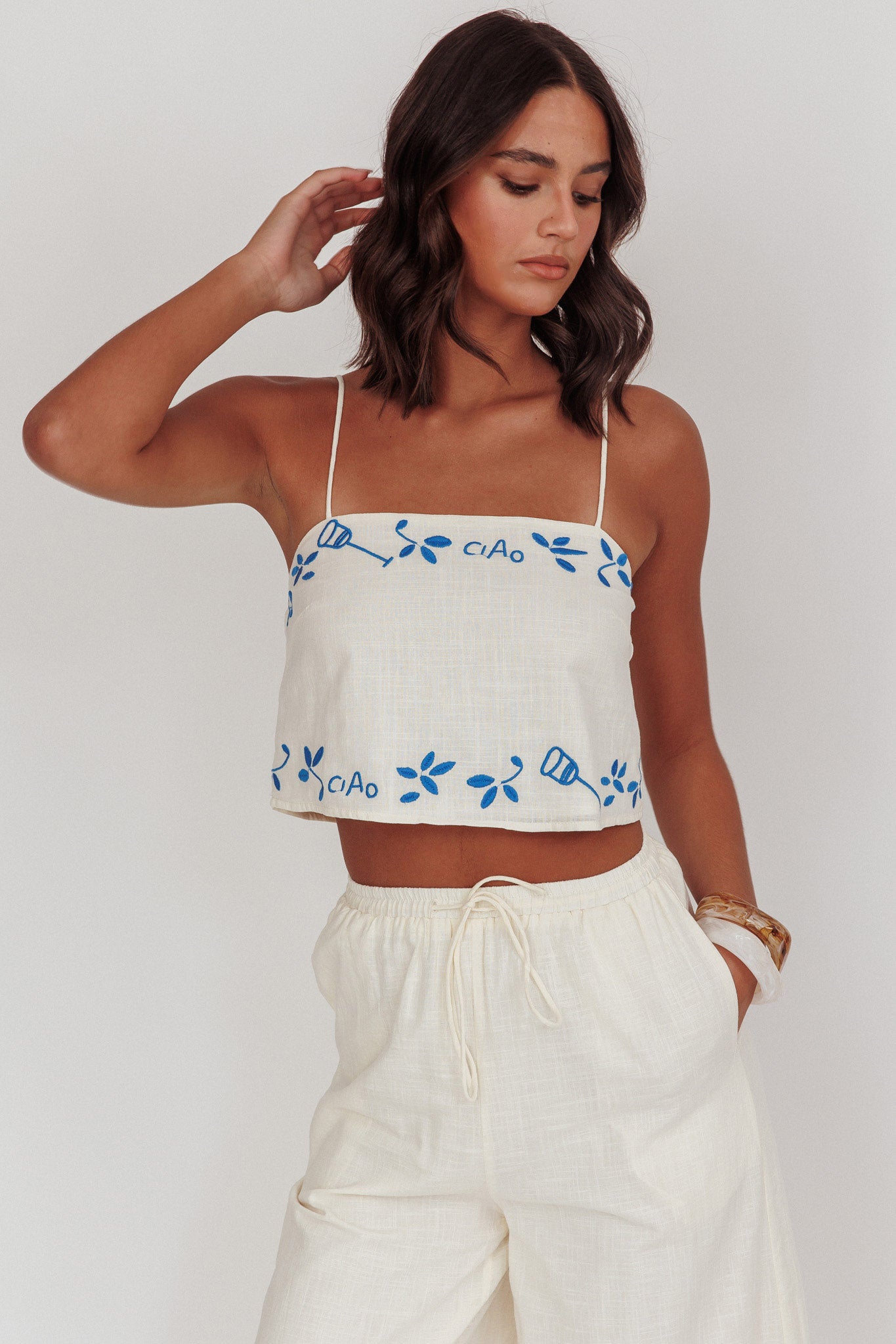Shop the Sorrento Summer Embroidered Crop Top Beige