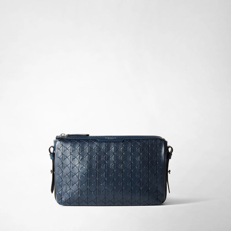 MOSAICOレザー EAST WESTメッセンジャーバッグ ネイビーブルー