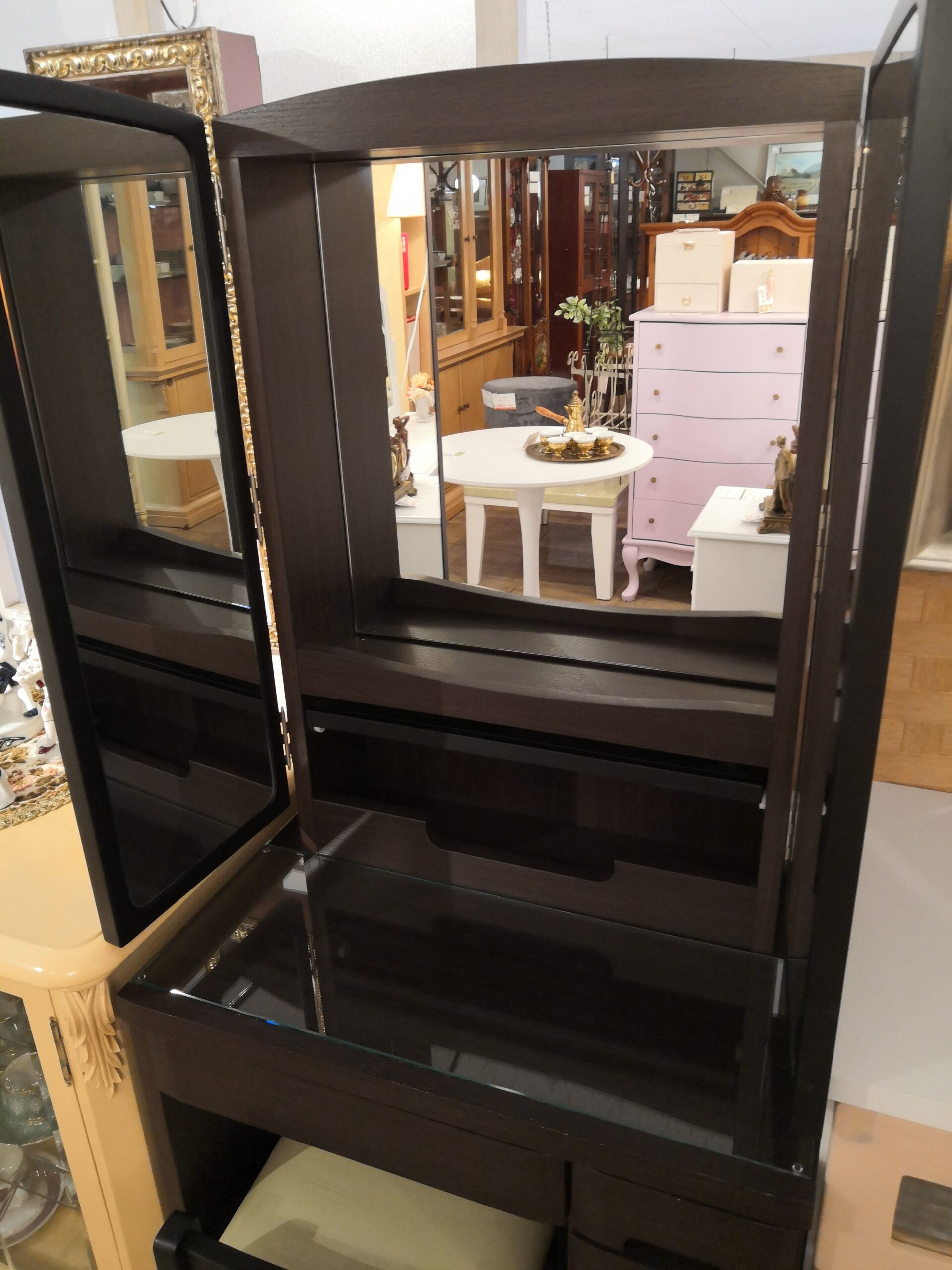 中古品 】NITORI ニトリ ダークブラウン 三面鏡 鏡台 収納付き チェア