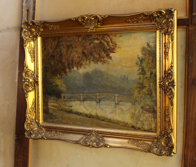 〇アンティークオイルピクチャー・夕暮れの風景(油絵) アンティーク