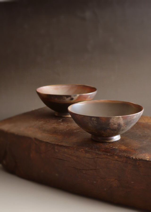 備前焼き 備前茶碗2客組 飯碗 皿 岸本明彦作