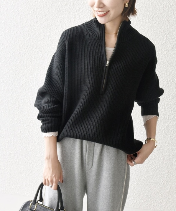 SHIPS any:〈手洗い可能〉ハーフジップ 畦編み ドライバーズ ニット