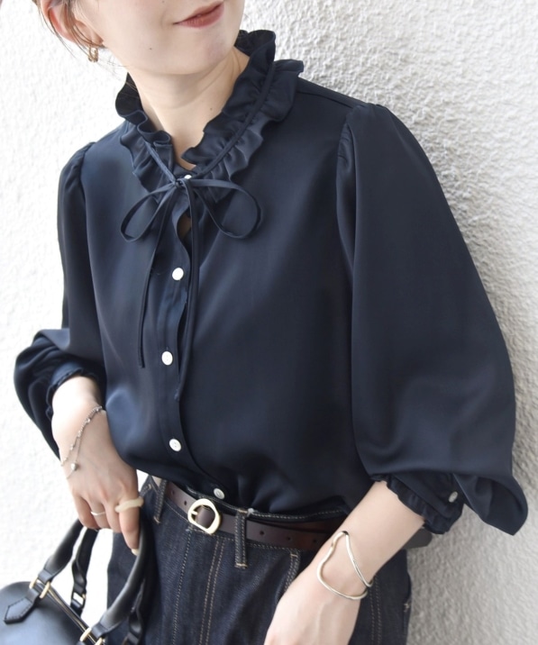 一部追加予約》SHIPS any:〈洗濯機可能〉サテン フリル カラー リボン