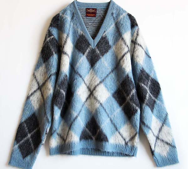 60s VAN HEUSEN アーガイル柄 Vネック モヘヤ ニット セーター M