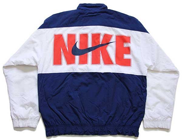 90s NIKEナイキ ビッグロゴ ツートン ナイロンジャケット 紺×白 S