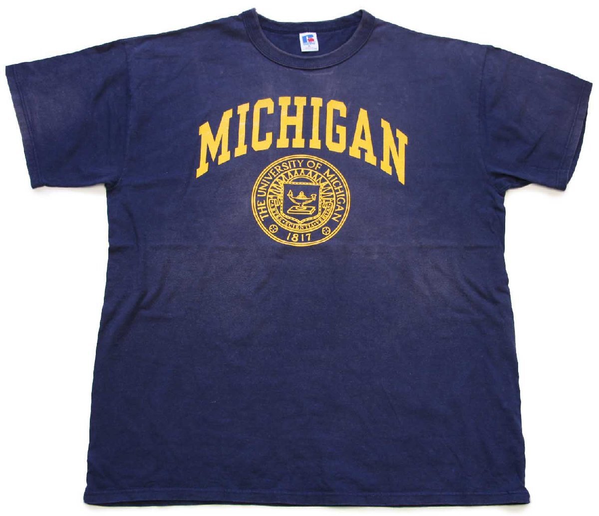 80s USA製 RUSSELLラッセル MICHIGAN コットンTシャツ ナス紺 フェード