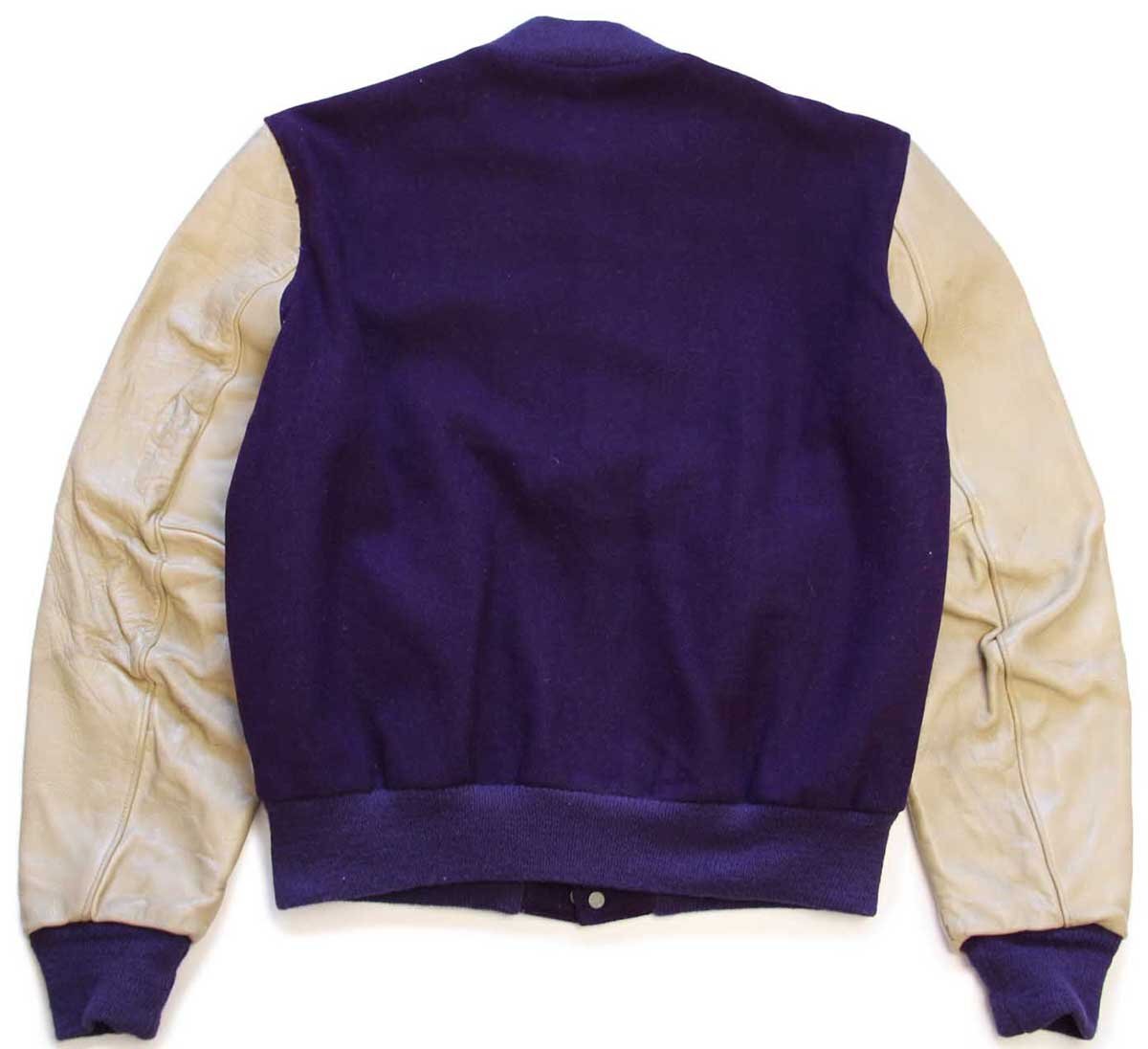 70s DeLONGデロング メルトン ウール 袖革スタジャン 紫×ベージュ 44L