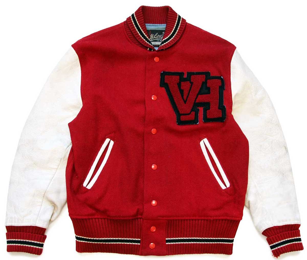 60s Whiting レタードパッチ付き メルトン ウール 袖革スタジャン 赤