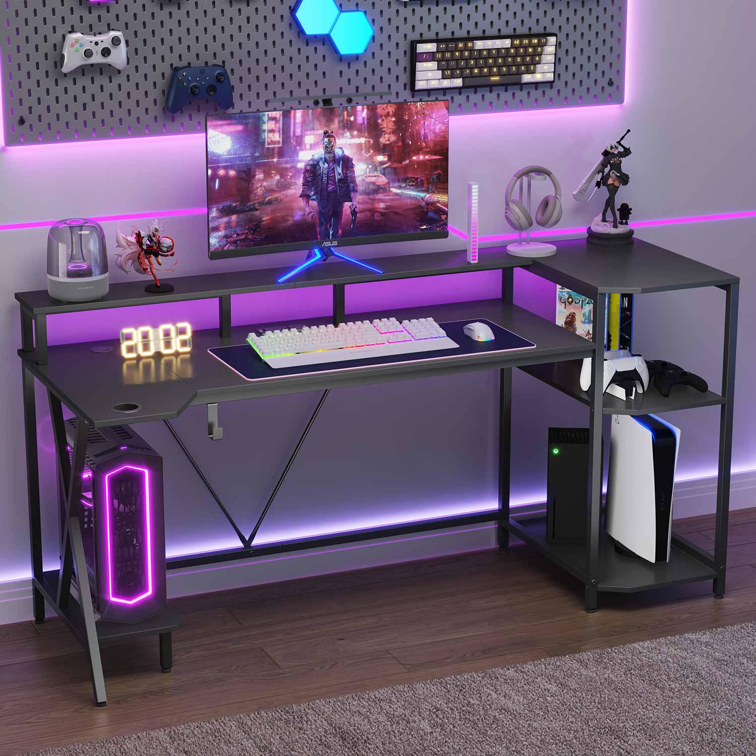 70.8 Inches Large LED Gaming Desk with Storage Shelves Black | Sikaic