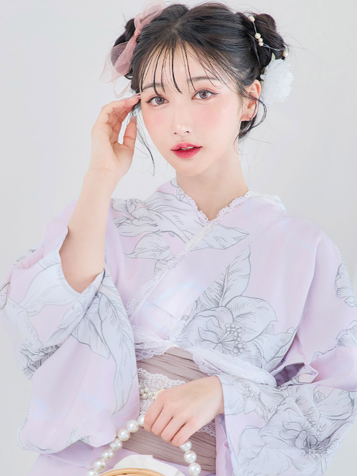 即日発送！】Riuコラボ ライトピンクx百合リボン浴衣【浴衣3点セット