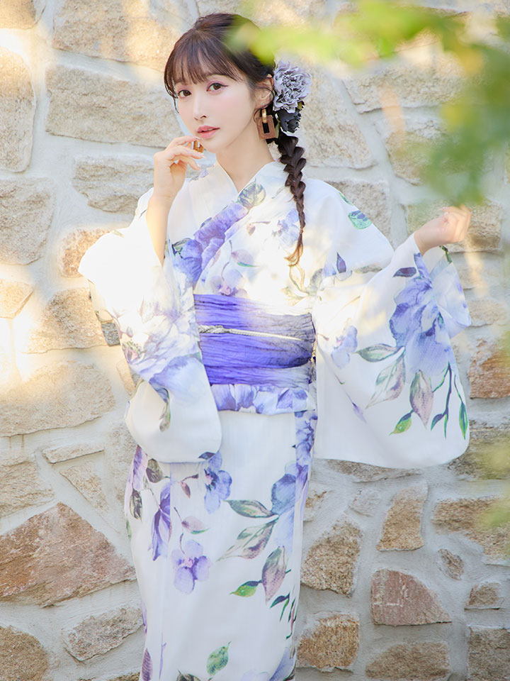 即日発送！】【浴衣】白地に水彩牡丹のクラシック浴衣 【浴衣3点