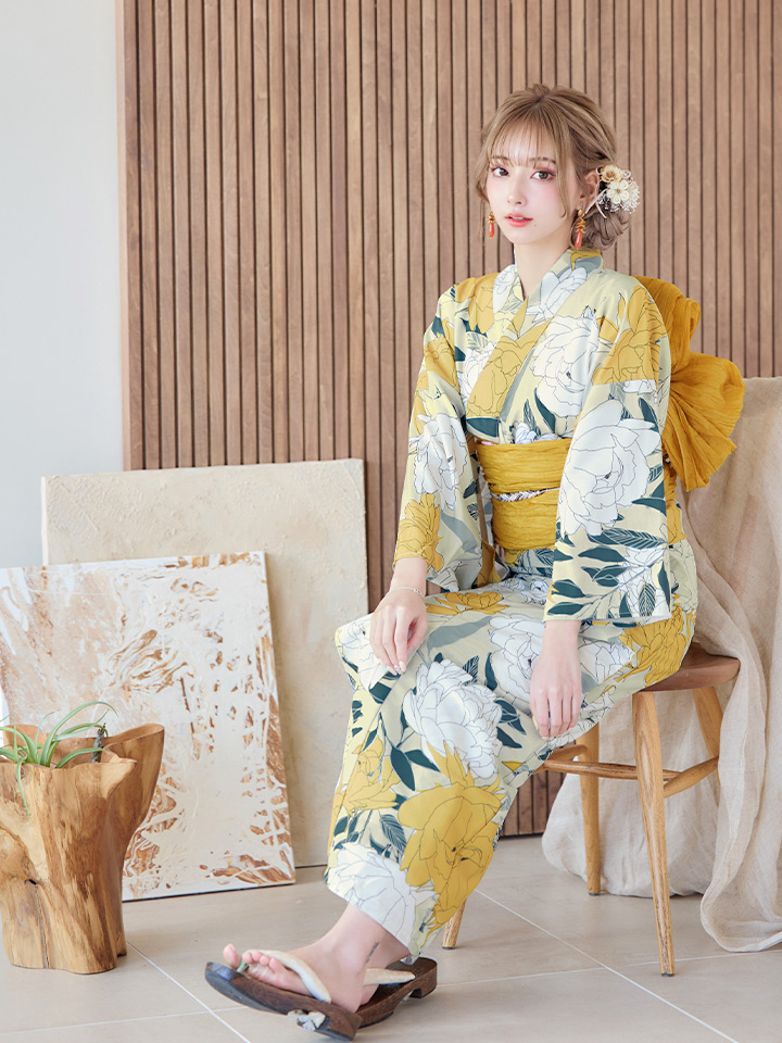 即日発送】レトロモダン牡丹浴衣【浴衣3点セット 浴衣/帯/下駄】[OF04