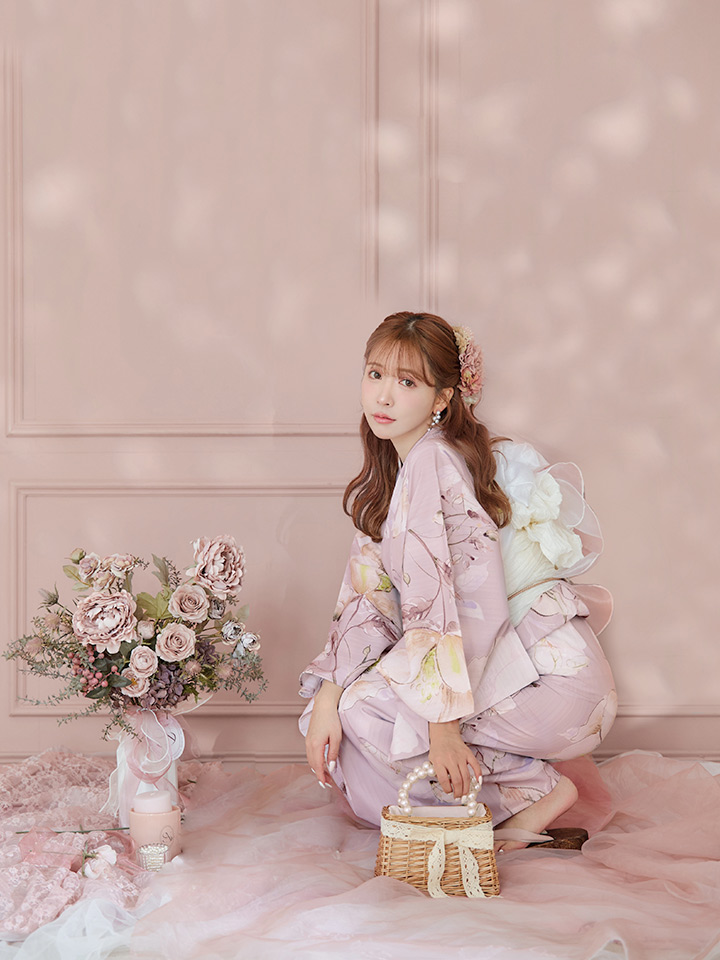 即日発送】大人くすみピンクx牡丹浴衣【浴衣3点セット 浴衣/帯/下駄