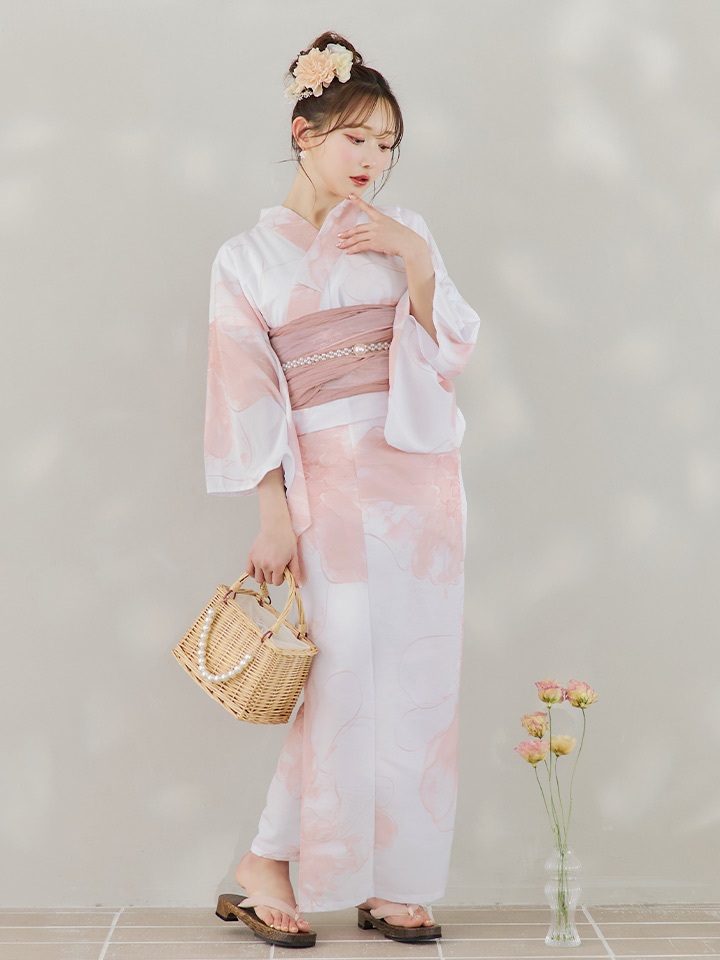 即日発送】ニュアンスピンクフラワー浴衣【浴衣3点セット 浴衣/帯