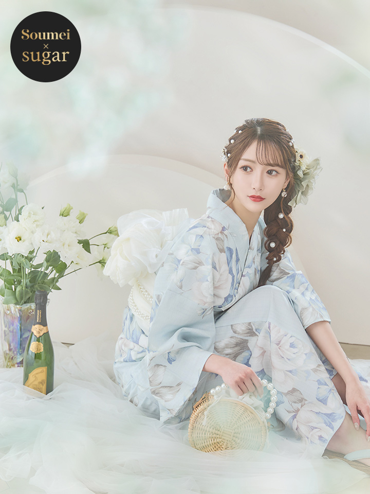 即日発送】クラシカルローズブルー浴衣【浴衣3点セット 浴衣/帯/下駄