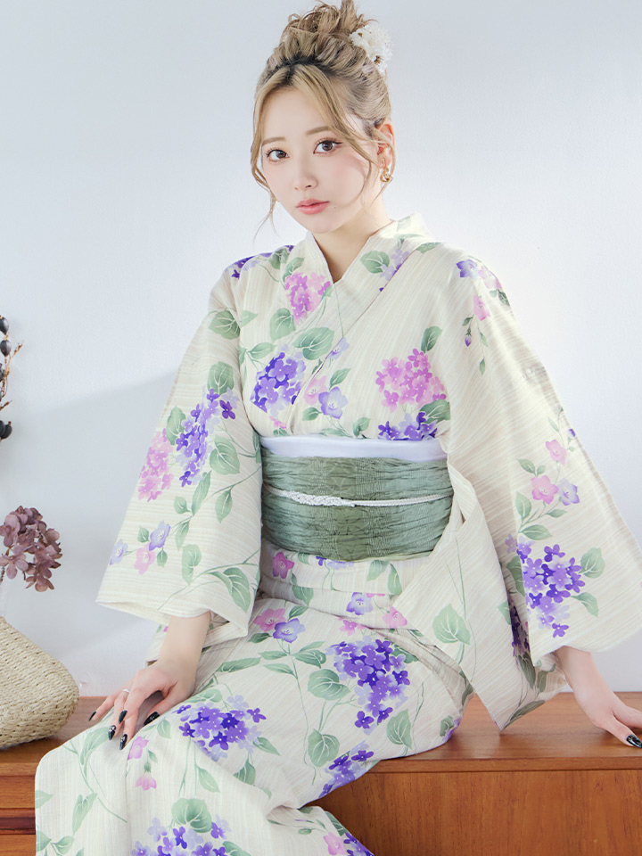 即日発送】クリームストライプ地x紫陽花浴衣【浴衣3点セット 浴衣/帯