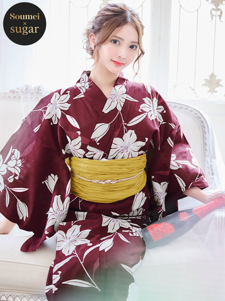 即日発送】【浴衣】エンジ×モダンハイビスカス浴衣【浴衣3点セット