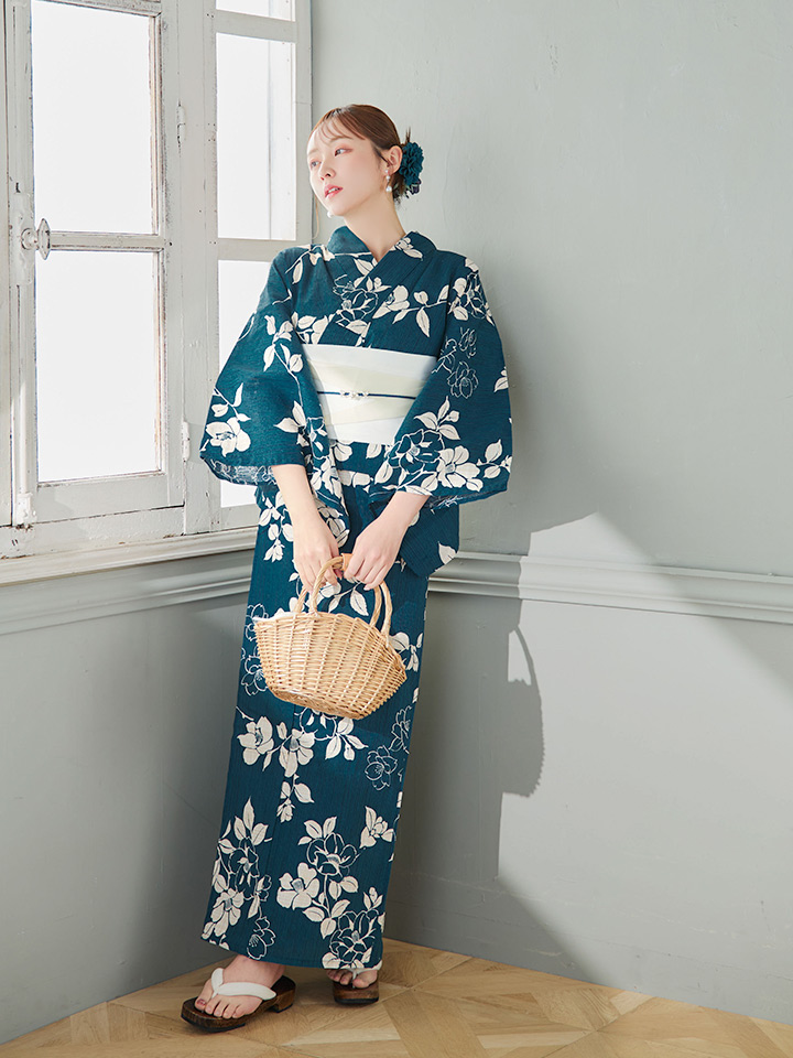 即日発送】藍色椿桜柄浴衣【浴衣3点セット 浴衣/帯/下駄】[OF04