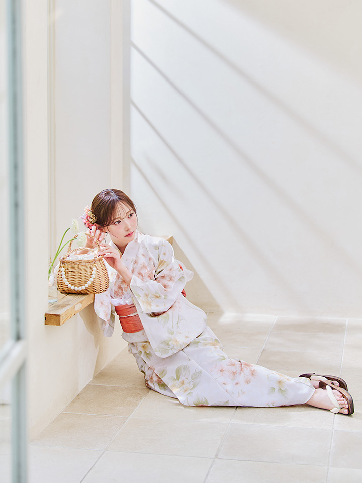 即日発送！】クリームイエロー×オレンジ紫陽花浴衣【浴衣3点セット