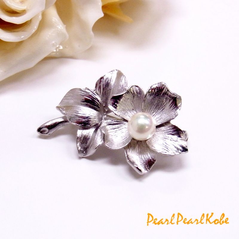 パールブローチ 花 フラワー 本真珠 ラウンド 6-6.5mm シルバー色
