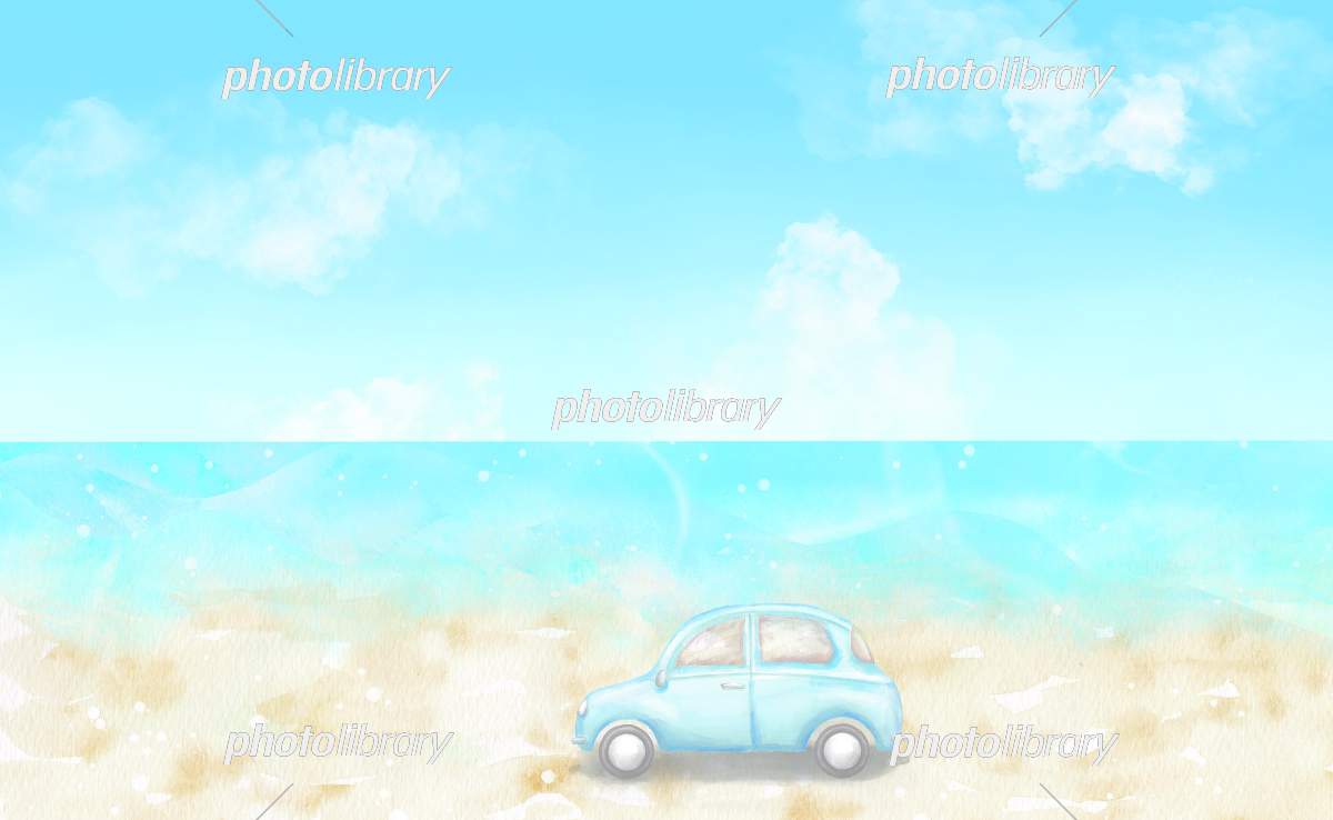 広い砂浜を青い車がドライブしている風景 青空と青い海が美しい夏