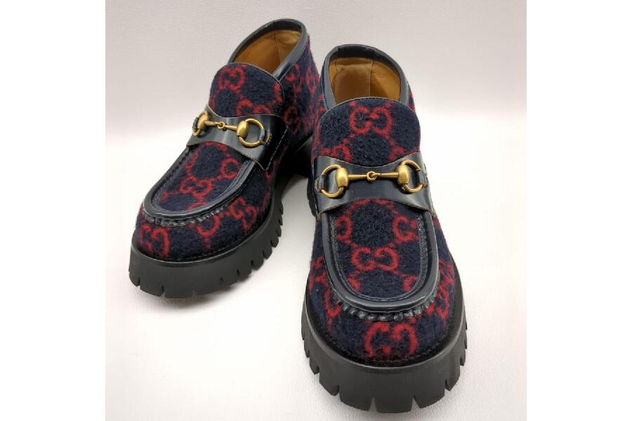 GUCCI 598315 ウールホースビットローファー ネイビー GG柄 SIZE 5 1/2