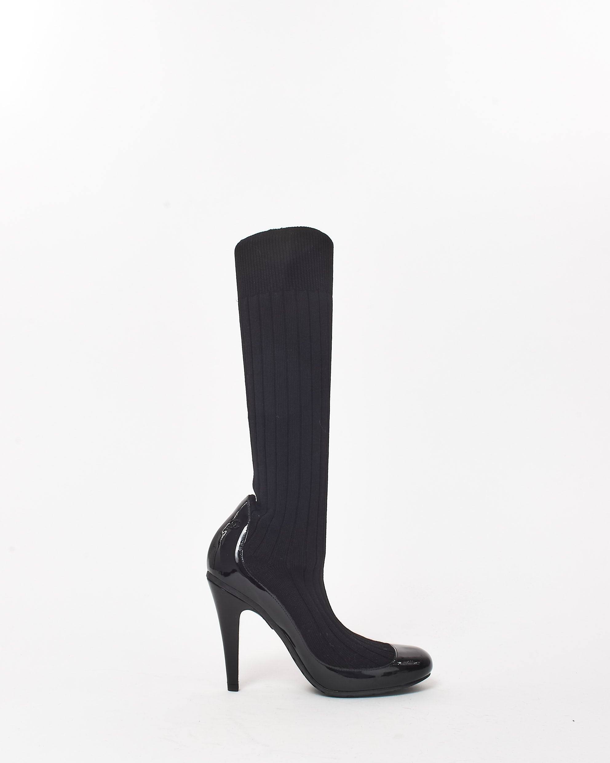 Buy Chanel Black Knit Sock & Patent Leather Stiletto Boots - 35