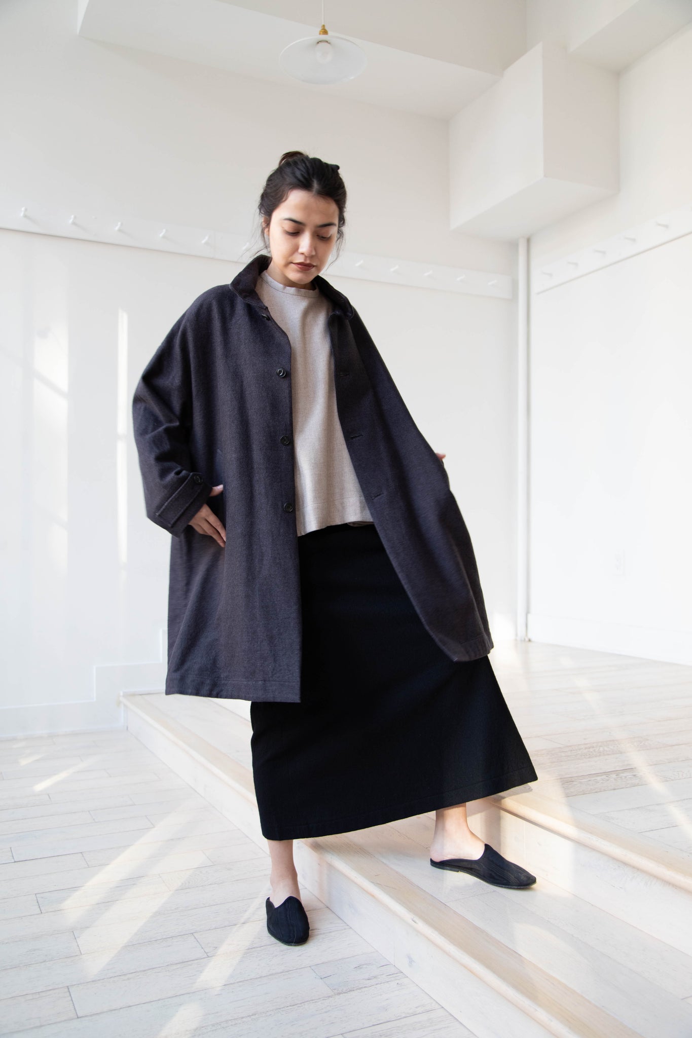 rennes — Arts & Science Band Collar Balloon Coat in Charcoal