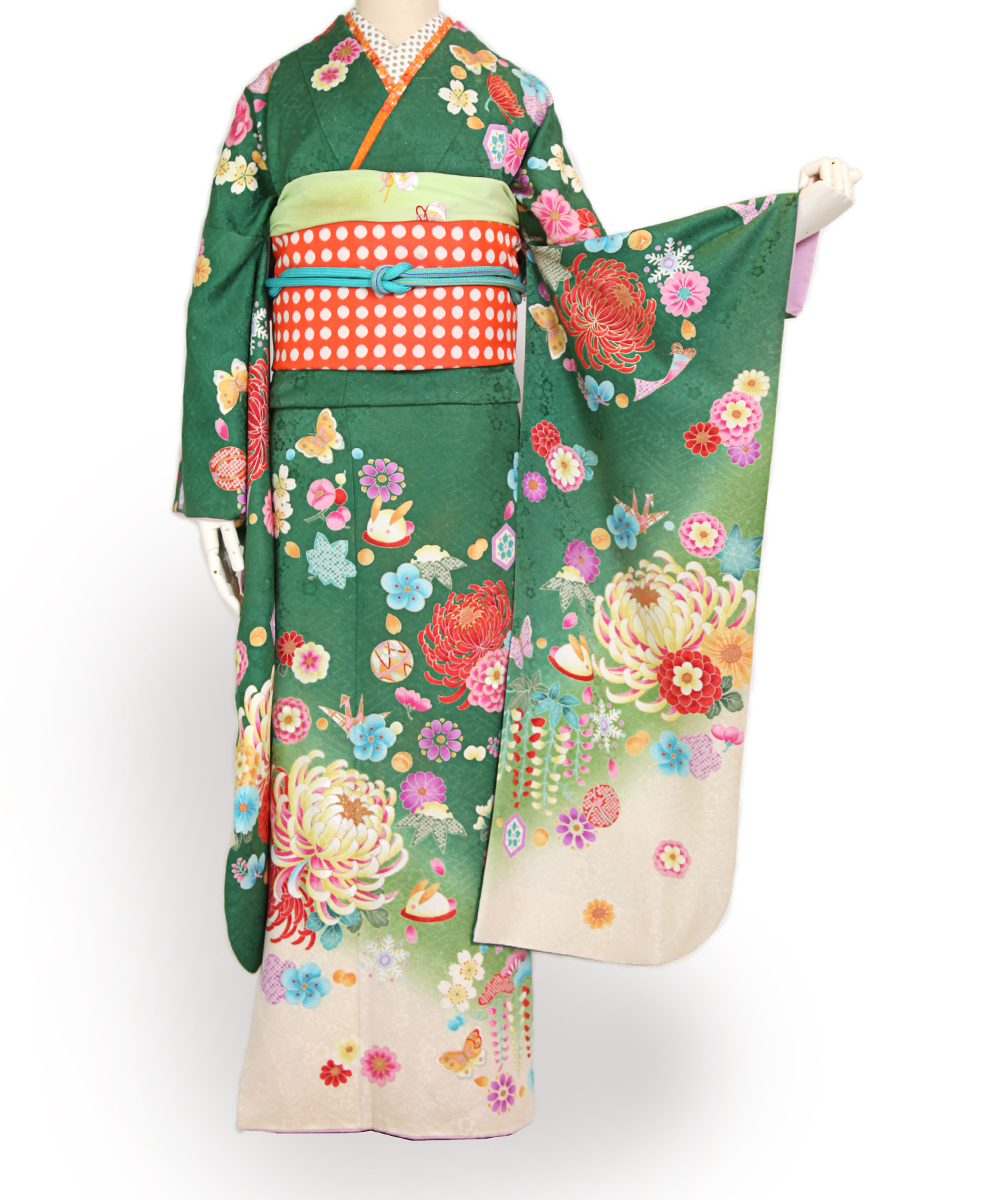 成人式/参列/振袖】オレンジ帯がかわいいポップ☆緑 乱菊 / 成人式や